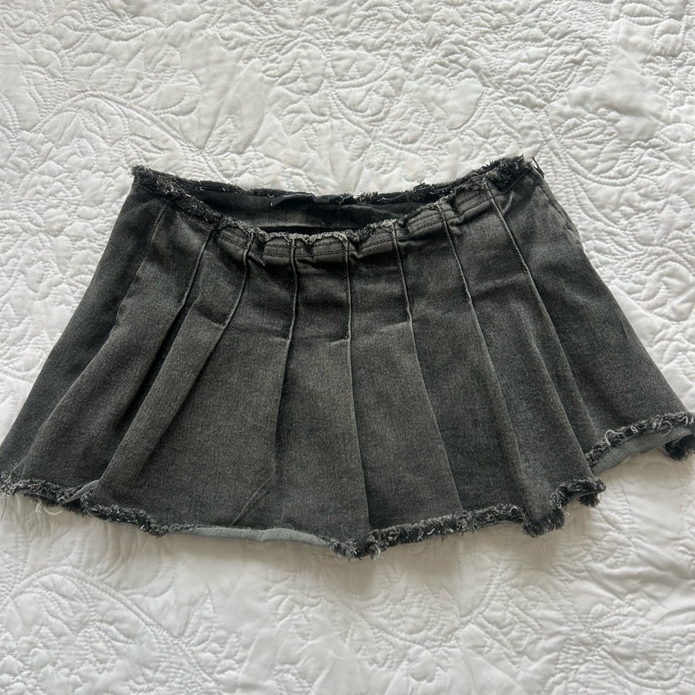 refuge Washed Black Pleated Mini Skirt with Raw Hem